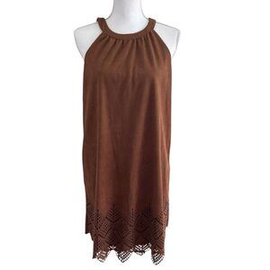 Rue21 Brown Halter Midi Dress Laser Cut Hem Boho Lined XL